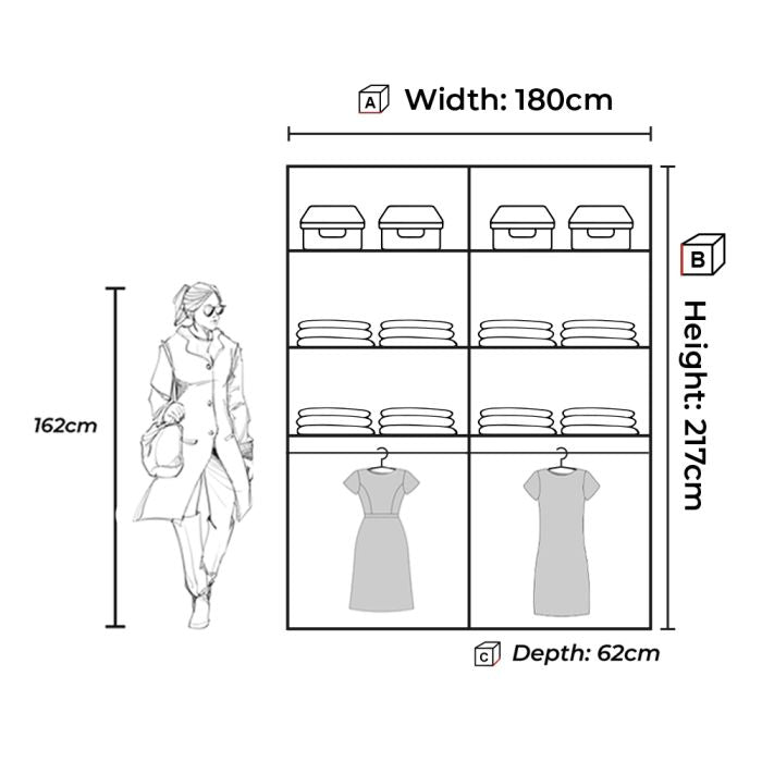 Black 180cm sliding door wardrobe diagram, H217xD62cm, with 162cm person scale reference.