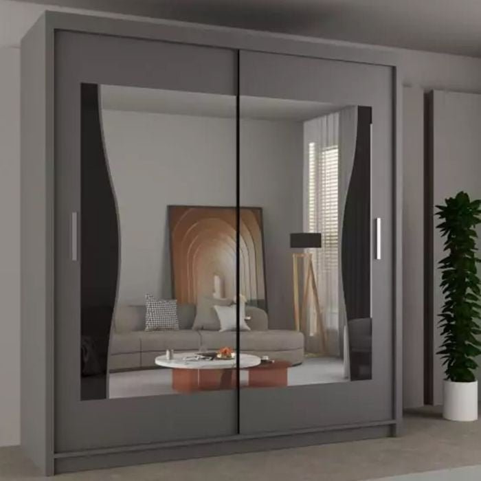 HEFFNER 180cm grey sliding wardrobe with curved mirrored doors