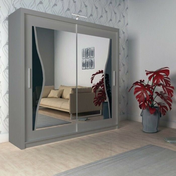 HEFFNER 2 Door Sliding Wardrobe 180cm grey with mirrored doors reflecting sofa.