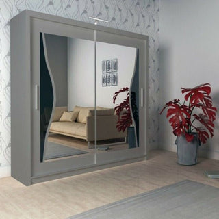 The HEFFNER 2 Door Mirrored 180cm Sliding Wardrobe in grey reflects a beige sofa and artwork. Next to the wardrobe, a large red-leafed plant sits on a light wooden floor, adding style and practical storage to the bedroom.