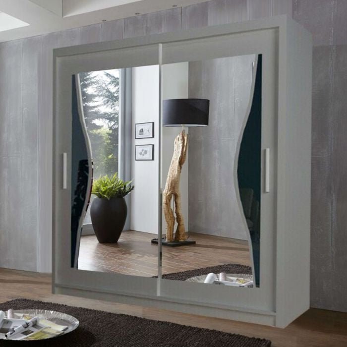 Grey 180cm 2-door sliding wardrobe with curved mirrored doors