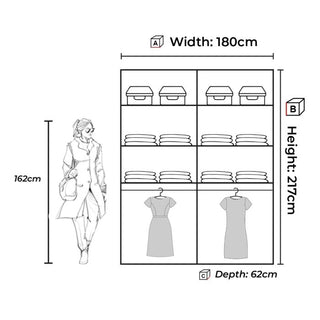 The HEFFNER 2 Door Mirrored Sliding Wardrobe in grey (180cm W x 217cm H x 62cm D) features shelves for boxes and clothes, plus hanging space for dresses. A 162cm-tall person stands beside it for scale in your bedroom storage setup.