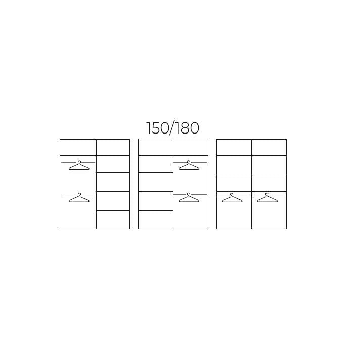 Line drawing of HEFFNER wardrobe storage configurations showing shelves and hanging rails for 150cm and 180cm sizes.