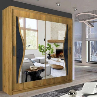 The HEFFNER 2 Door Mirrored 180cm Walnut Sliding Wardrobe reflects a modern living room with a gray sofa, green plant on the coffee table, fireplace, and large windows—combining style and smart storage for your home.