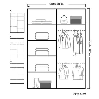 The HEFFNER 2 Door Mirrored 180cm Sliding Wardrobe in Walnut offers shelves, hanging sections, and compartments for clothes, shoes, and bags. Dimensions: 180 cm (W), 237 cm (H), 62 cm (D). Top, middle, and bottom views are included.