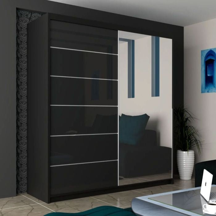 CHOICEWARDROBE Infinite Sliding Door Wardrobe 150cm black mirrored doors