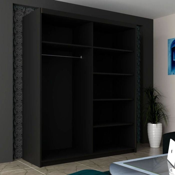 CHOICEWARDROBE INFINITE black sliding door wardrobe with 2 doors, showing internal shelves and hanging rail.