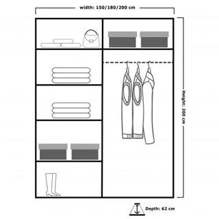 Sliding Wardrobe - INFINITE 2 Door Mirrored Wardrobe Grey (150cm): High gloss finish, shelves, storage boxes, hanging space, and boot section. Dimensions: W150 x H200 x D62 cm—a stylish, practical bedroom storage solution.