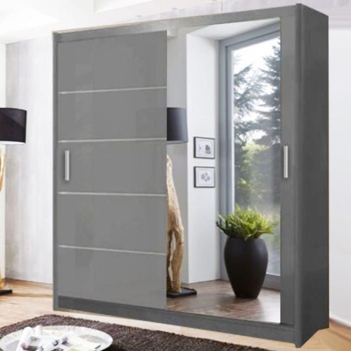 CHOICEWARDROBE INFINITE grey 2-door sliding wardrobe with one mirrored front panel.
