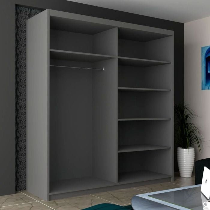 CHOICEWARDROBE INFINITE 150cm grey 2-door sliding wardrobe with mirrored doors, open shelves, and hanging rail.