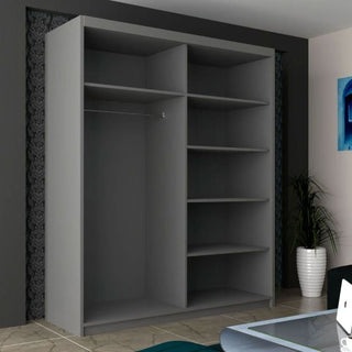 The INFINITE 2 Door Mirrored Wardrobe Grey (150cm) features high gloss sliding doors, multiple right shelves, and an open left hanging space with a metal rail—ideal for stylish bedroom storage.