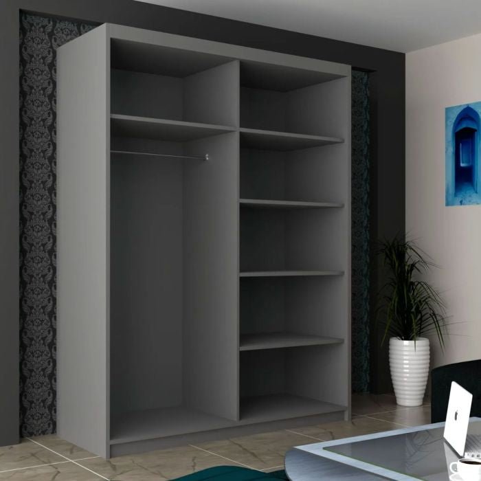 CHOICEWARDROBE INFINITE 150cm grey high gloss sliding door wardrobe, open with shelves and hanging rail.