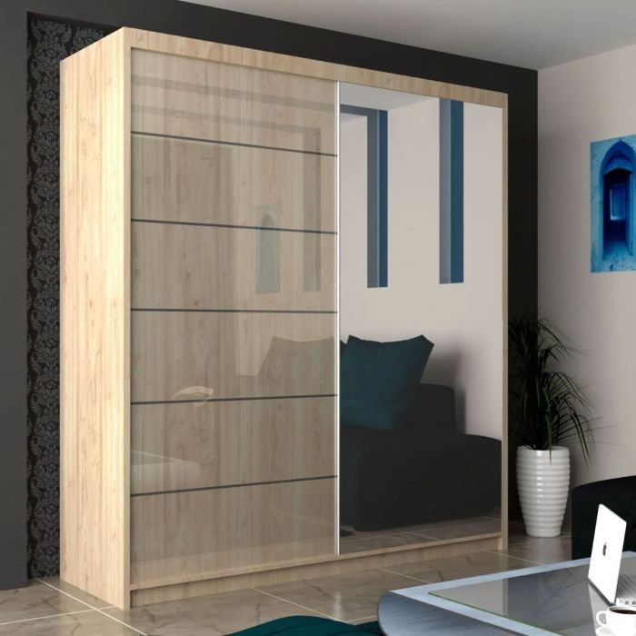 CHOICEWARDROBE 2 door oak effect sliding wardrobe with a mirrored panel reflecting the room.