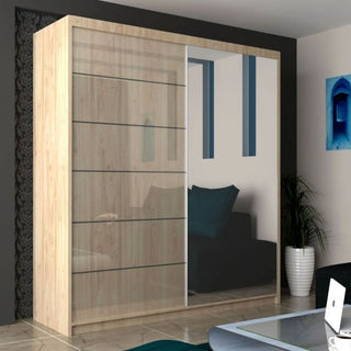 The CHOICEWARDROBE Infinite 2 Door Sliding Mirrored Wardrobe, 150cm wide with an oak finish, stands against a dark wall, reflecting a couch with blue pillows and modern decor—ideal for sleek bedroom storage.