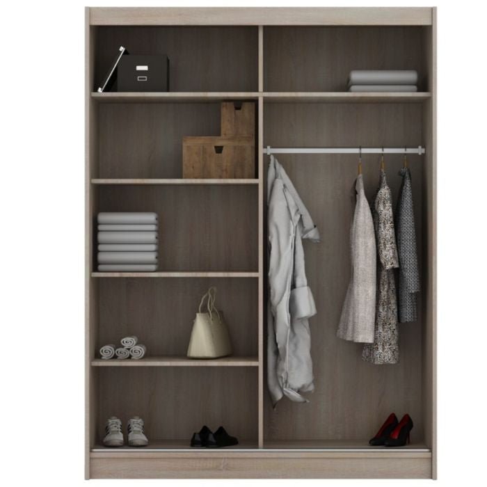 The CHOICEWARDROBE Infinite Sliding Door Wardrobe 2 Door 150cm Oak Finish with mirrored doors features shelves for folded clothes, bags, storage boxes, and shoes, plus a hanging rod for jackets—a stylish, organized solution for bedroom storage.