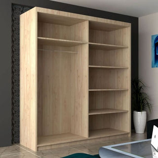 The CHOICEWARDROBE Infinite 2 Door Sliding Mirrored Wardrobe, 150cm wide in an oak finish, features versatile bedroom storage with a hanging rod, two left compartments, and five right shelves—ideal for modern spaces.