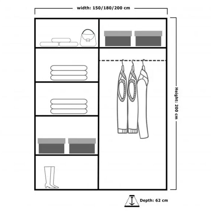 CHOICEWARDROBE 2-door sliding wardrobe diagram: 150cm width, 200cm height, 62cm depth with shelves, hanging rail, boxes.