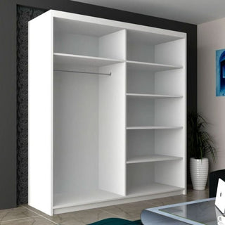 The CHOICEWARDROBE Infinite 2 Door Sliding Mirrored Wardrobe, 150cm wide in a modern white finish, features multiple right-side shelves and an open hanging space with a metal rod on the left. Pictured in a tiled room with a potted plant.