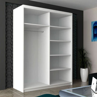 The CHOICEWARDROBE Infinite 2 Door Sliding Mirrored Wardrobe (150cm wide, modern white finish) features open shelves, a hanging rod, and multiple compartments, perfect for contemporary rooms with stylish decor.