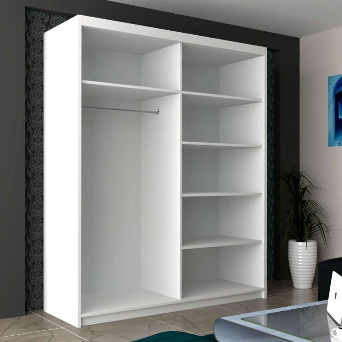 White 2-door sliding wardrobe interior with hanging rail and multiple shelves.