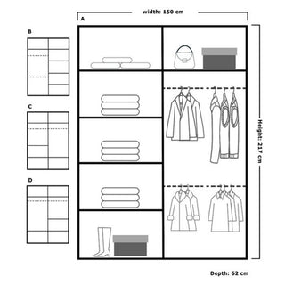 Black and white layout of the KESTEVEN 2 Door Sliding Wardrobe Green, with shelves for folded clothes, space for bags, boxes, boots, and sections to hang shirts and more; 150cm wide, 217cm high, 62cm deep—top UK wardrobe.