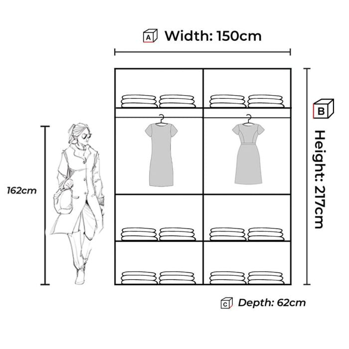 Diagram of CHOICEWARDROBE KESTEVEN 150cm 2-door green sliding wardrobe. 150cm W x 217cm H x 62cm D.