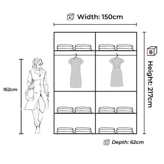 Line drawing of the Sliding Wardrobe - KESTEVEN 2 Door Wardrobe Green 150cm (150x217x62cm), shown beside a 162cm tall person. Features shelves with folded clothes and two hanging dresses in the center.