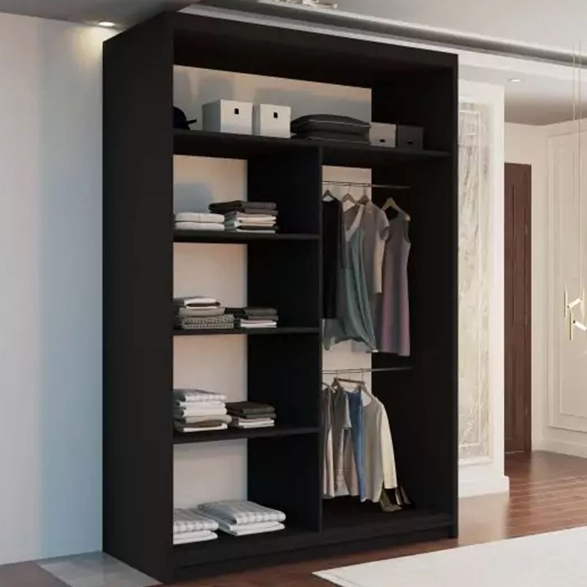 Black 120cm sliding door wardrobe with full-length mirrored door and shelved interior