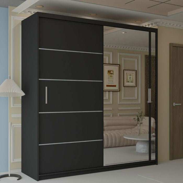 CHOICEWARDROBE KEYNES 2 door black wardrobe with mirrored sliding doors.