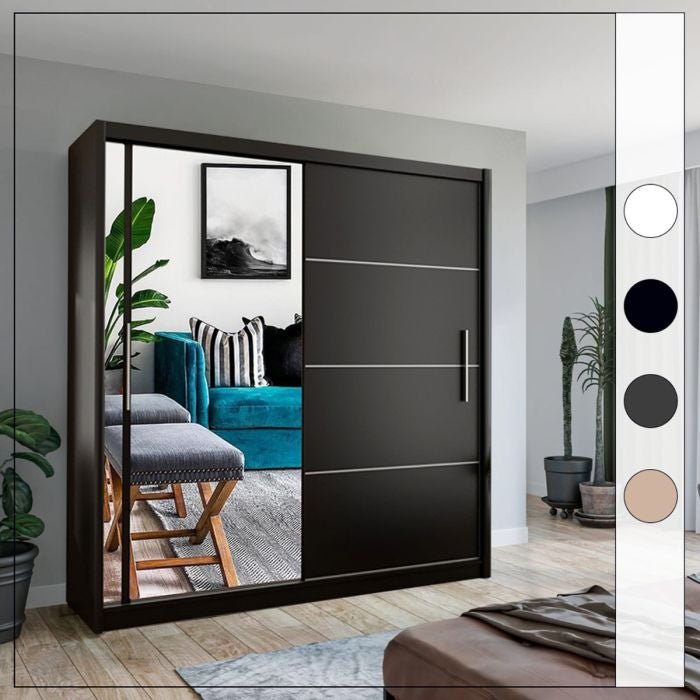 CHOICEWARDROBE Keynes 150cm sliding door wardrobe in black with mirrored doors.