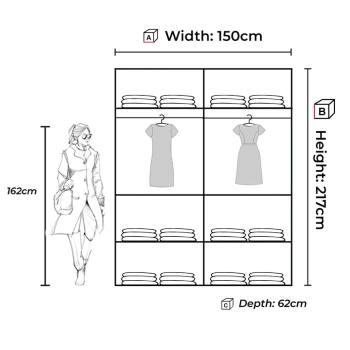 Diagram of 150cm KEYNES black mirrored sliding door wardrobe with dimensions, showing shelves and hanging space.
