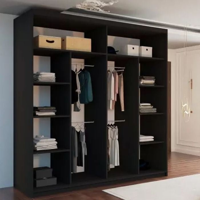CHOICEWARDROBE Keynes 2-door black sliding wardrobe with shelving and hanging rails.