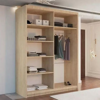 The KEYNES 2 Door Mirrored Sliding Wardrobe in oak (150cm) features spacious shelving, a hanging section for shirts and dresses, room for shoes at the bottom, and adds modern classic style to any contemporary space with wooden floors.