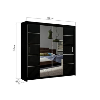 The LISBANE 2 Door Mirrored Wardrobe in black features sliding mirrored doors, silver handles, and shelving on both sides. Measuring 150cm wide, 217cm tall, and 62cm deep, it's perfect for a modern bedroom.
