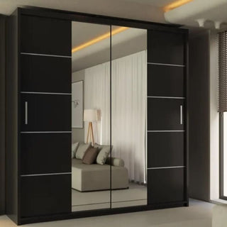 The LISBANE 2 Door Mirrored Wardrobe in black (150cm) features a full-length mirror that reflects a sofa, lamp, and curtains in a modern, well-lit room.