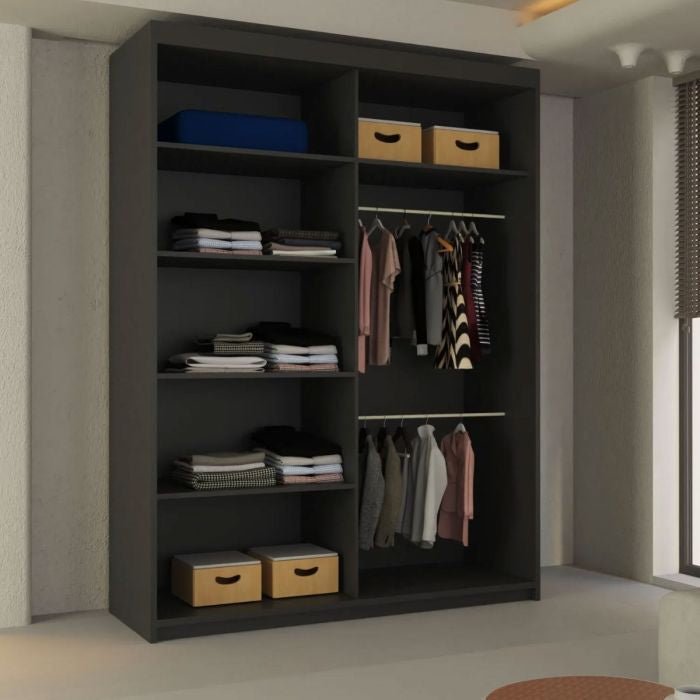 Black 150cm sliding door wardrobe with shelves and hanging rails