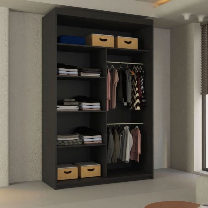 CHOICEWARDROBE LISBANE 2 Door Black sliding wardrobe with mirrored doors and visible shelving.