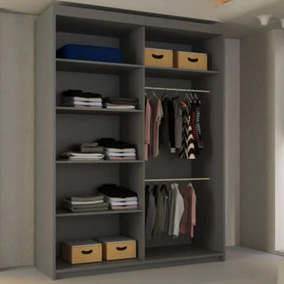 The LISBANE 2 Door Mirrored Wardrobe in grey (150cm) features shelves, a hanging rod, and spacious storage for folded clothes, hanging shirts or dresses, plus storage boxes—perfect for an organized bedroom.