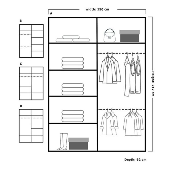 CHOICEWARDROBE LISBANE 150cm grey 2-door mirrored sliding wardrobe internal layout diagram.