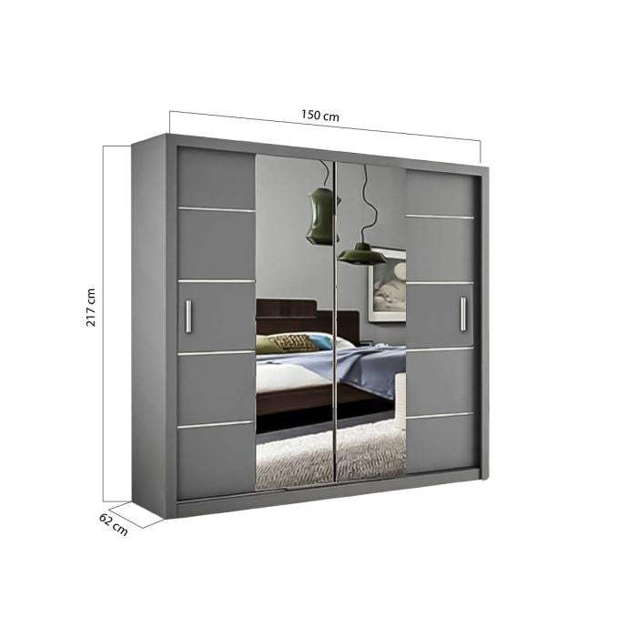 Grey 150cm sliding door wardrobe with mirrored panels