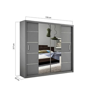 The LISBANE 2 Door Mirrored Sliding Wardrobe in Grey features mirrored doors and side panels, measuring 150 cm wide, 217 cm tall, and 62 cm deep—perfect for reflecting your bedroom décor.