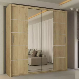 The LISBANE 2 Door Mirrored Wardrobe Oak (150cm) features two central sliding mirrored doors, reflecting a modern room with a couch and curtains.