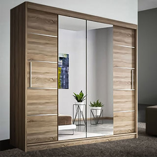 The LISBANE 2 Door Mirrored Wardrobe in oak (150cm) features full-length mirrored doors and sleek wooden panels with handles, adding stylish storage and a modern look to any bedroom.