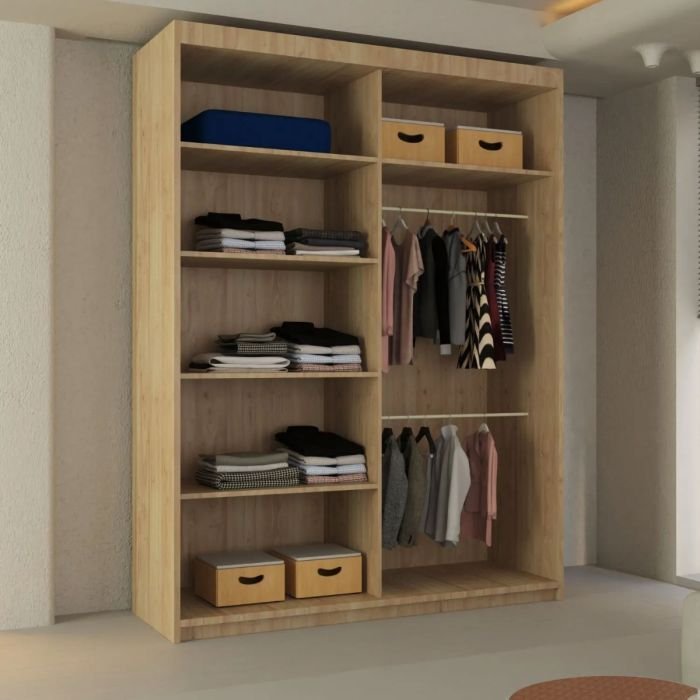 Oak 150cm sliding wardrobe with mirrored door, featuring shelves of folded clothes, storage boxes, and hanging rails with garments.