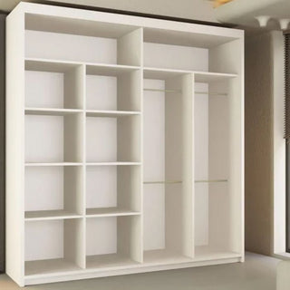 The LISBANE 2 Door Mirrored Sliding Wardrobe (203cm, white) stands against light-colored walls, featuring multiple open shelves and hanging sections, with natural light streaming in from the right.