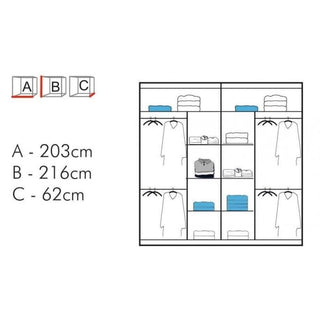 The LISBANE 2 Door Mirrored Sliding Wardrobe in white (203cm) offers shelves, hanging space, and a full-length mirror. Sized 203x216x62 cm, it neatly stores folded clothes, boxes, and garments.