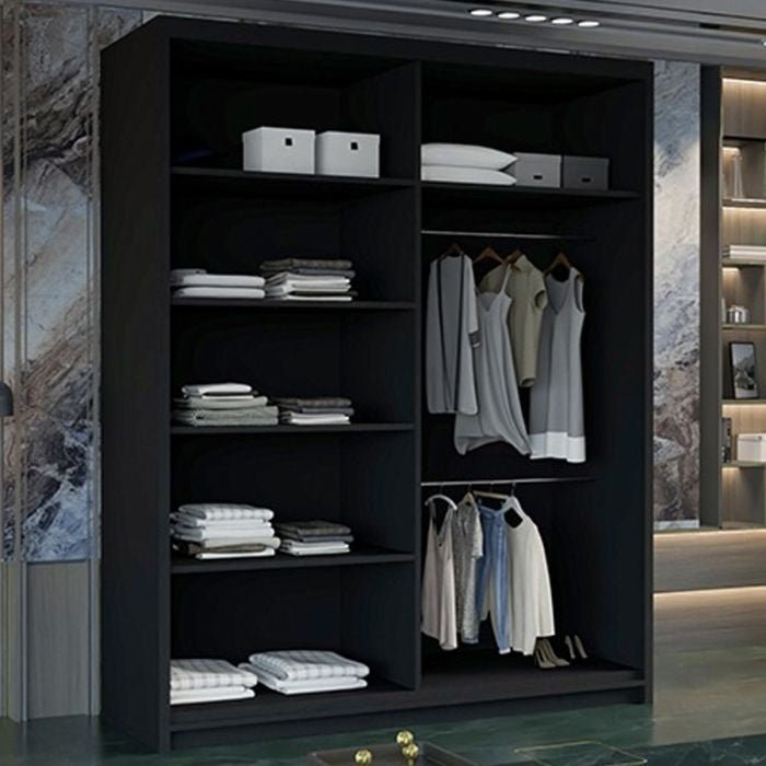 CHOICEWARDROBE MERICA black 2-door sliding wardrobe with visible shelves and hanging rails.