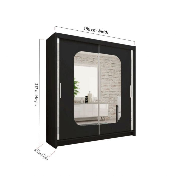 CHOICEWARDROBE MERICA 2-door black sliding wardrobe with mirrored doors, 217cm H x 180cm W x 62cm D