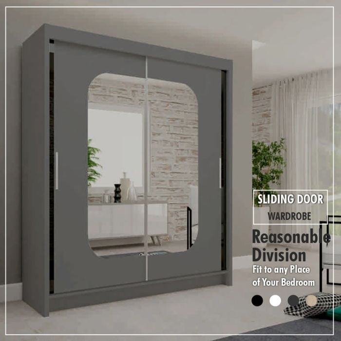 Grey 2-door sliding wardrobe with mirrored panels in a modern bedroom setting.