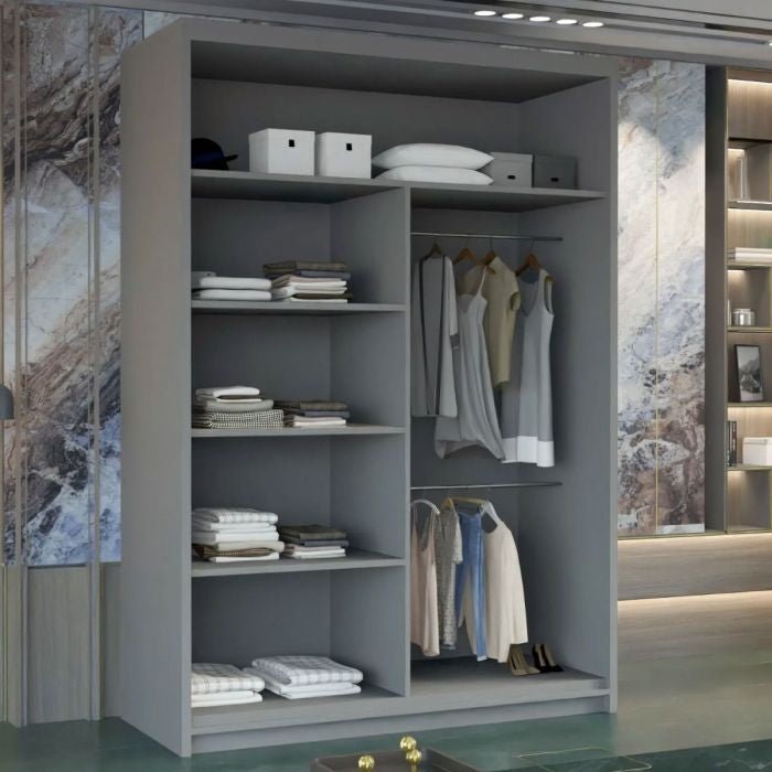 Grey 120cm sliding door wardrobe with hanging space and shelves